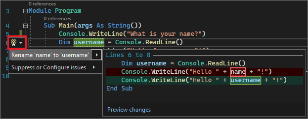 Captura de pantalla que muestra la acción Cambiar nombre en Visual Studio.