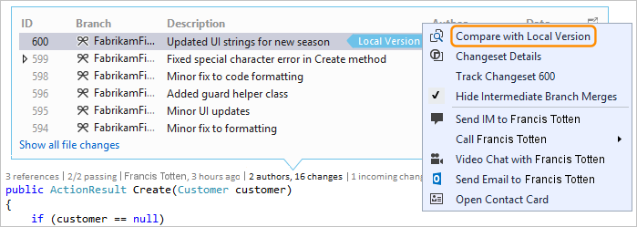 Captura de pantalla de CodeLens: comparación del cambio entrante con local en Visual Studio 2019.