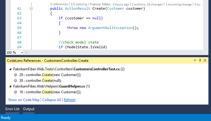 Captura de pantalla de la ventana de referencias de CodeLens anclada en Visual Studio 2019.