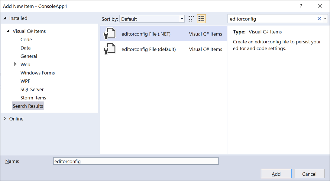 Captura de pantalla de las plantillas de elementos EditorConfig en Visual Studio.