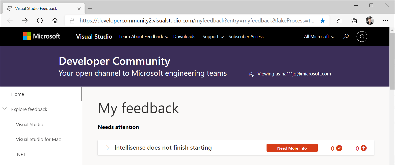 Captura de pantalla de la página Inicio de la ventana Comentarios de Visual Studio. Se muestra un elemento de comentarios y se marca con una etiqueta 