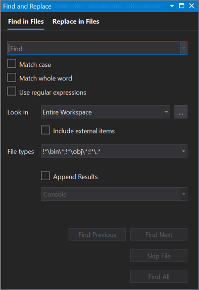 Captura de pantalla del cuadro de diálogo Buscar y reemplazar en Visual Studio 2019, con la pestaña Buscar en archivos abierta.