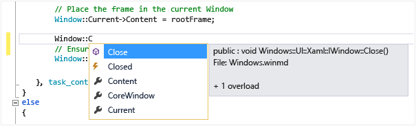 Captura de pantalla de la característica de miembros de lista de IntelliSense.