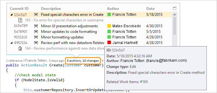 Captura de pantalla que muestra el historial de cambios de CodeLens para el código en un repositorio de GitHub en Visual Studio 2019.