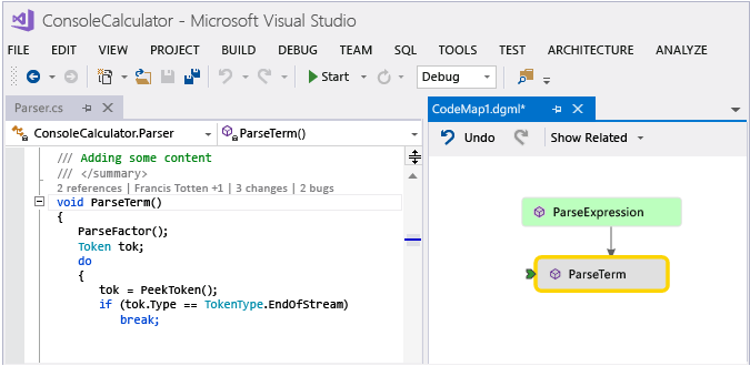 Captura de pantalla que muestra cómo crear un mapa de código de referencias mediante CodeLens en Visual Studio 2019.