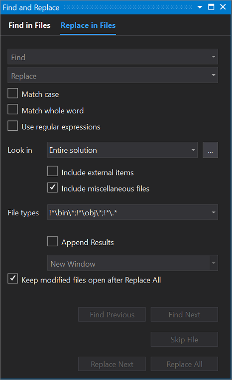 Captura de pantalla del cuadro de diálogo Buscar y reemplazar de Visual Studio 2019, con la pestaña Reemplazar en archivos abierta.