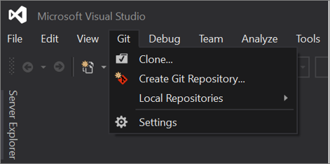 Captura de pantalla del menú Git de Visual Studio 2019, versión 16.8 y posteriores.