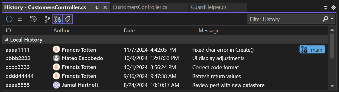 Captura de pantalla que muestra el historial de cambios de CodeLens para el código en un repositorio de GitHub en Visual Studio.