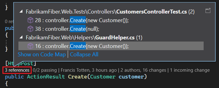 Captura de pantalla que muestra cómo seleccionar la opción referencias de CodeLens en Visual Studio.