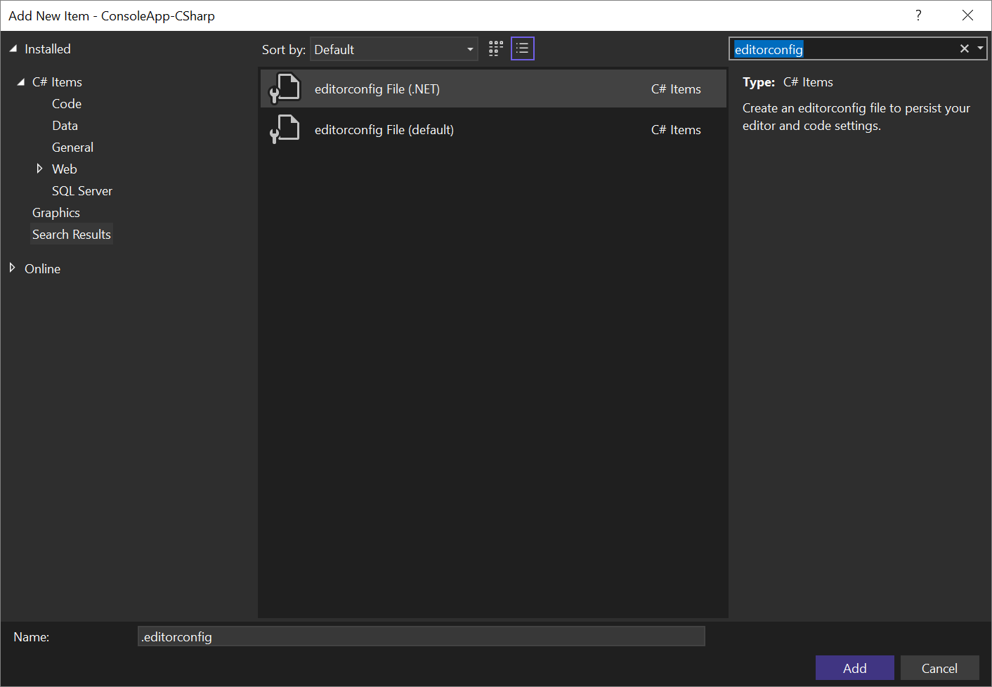 Captura de pantalla de las plantillas de archivo EditorConfig para C# en Visual Studio.