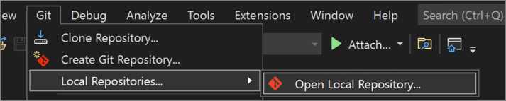 Captura de pantalla del menú Git de Visual Studio 2022, con el repositorio local y la opción Abrir repositorio local visibles.