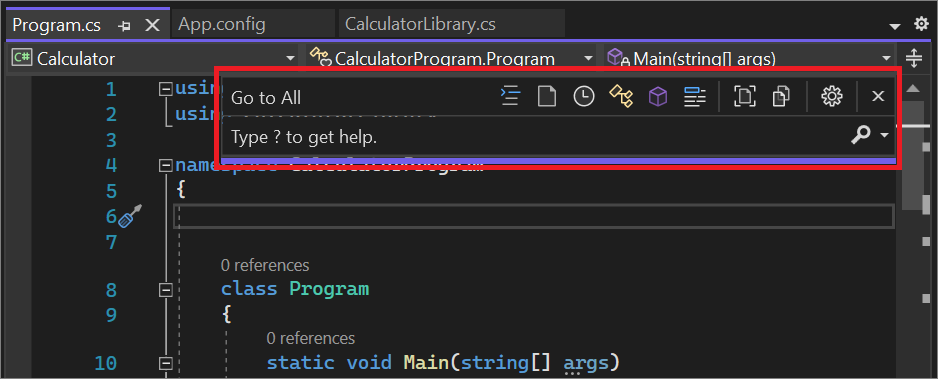 Captura de pantalla de la ventana Ir a todo en Visual Studio.