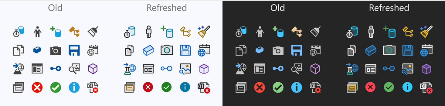 Captura de pantalla del contraste entre los iconos anteriores y actualizados en Visual Studio.