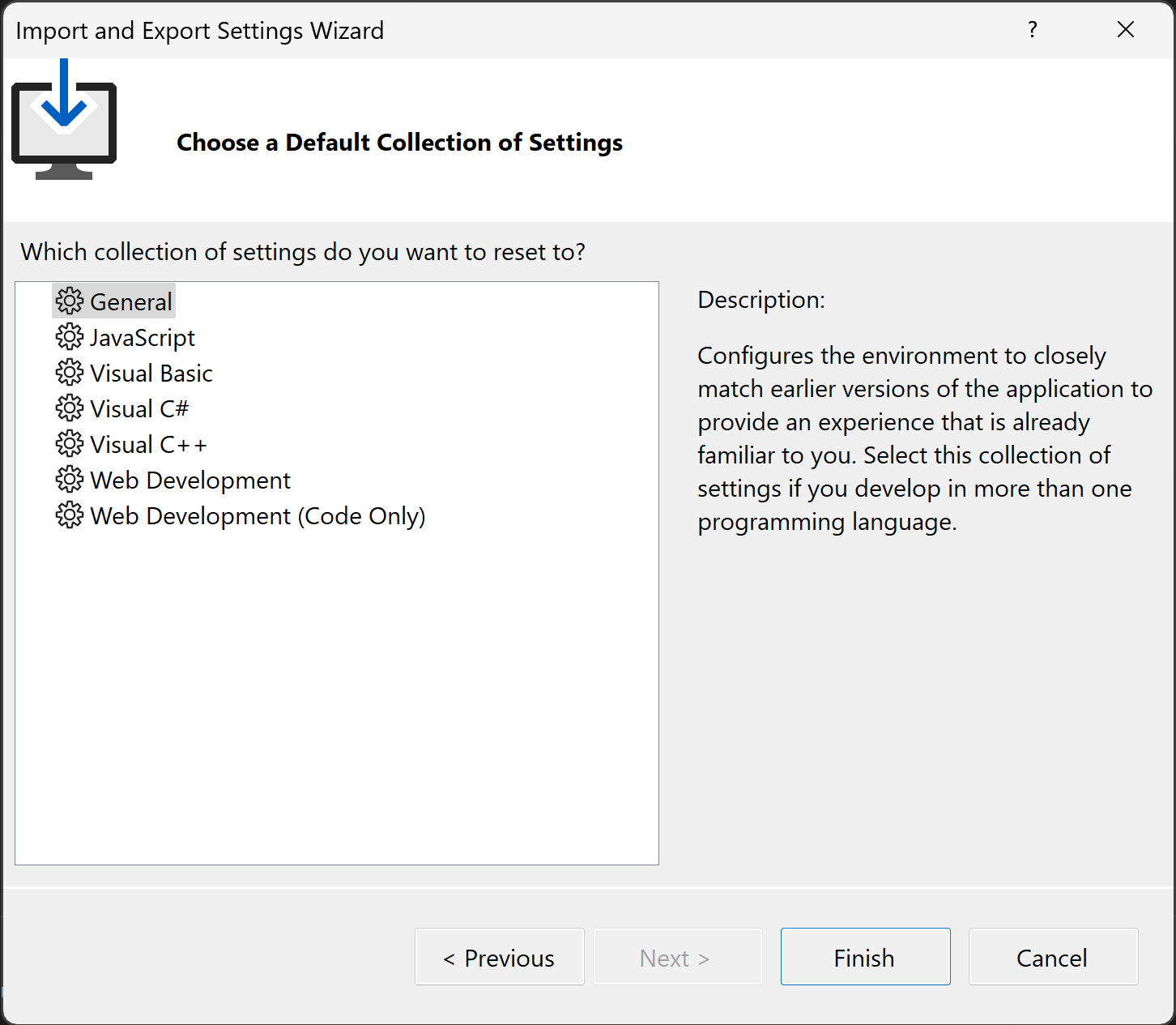 Captura de pantalla de la colección predeterminada de opciones de configuración en Visual Studio.