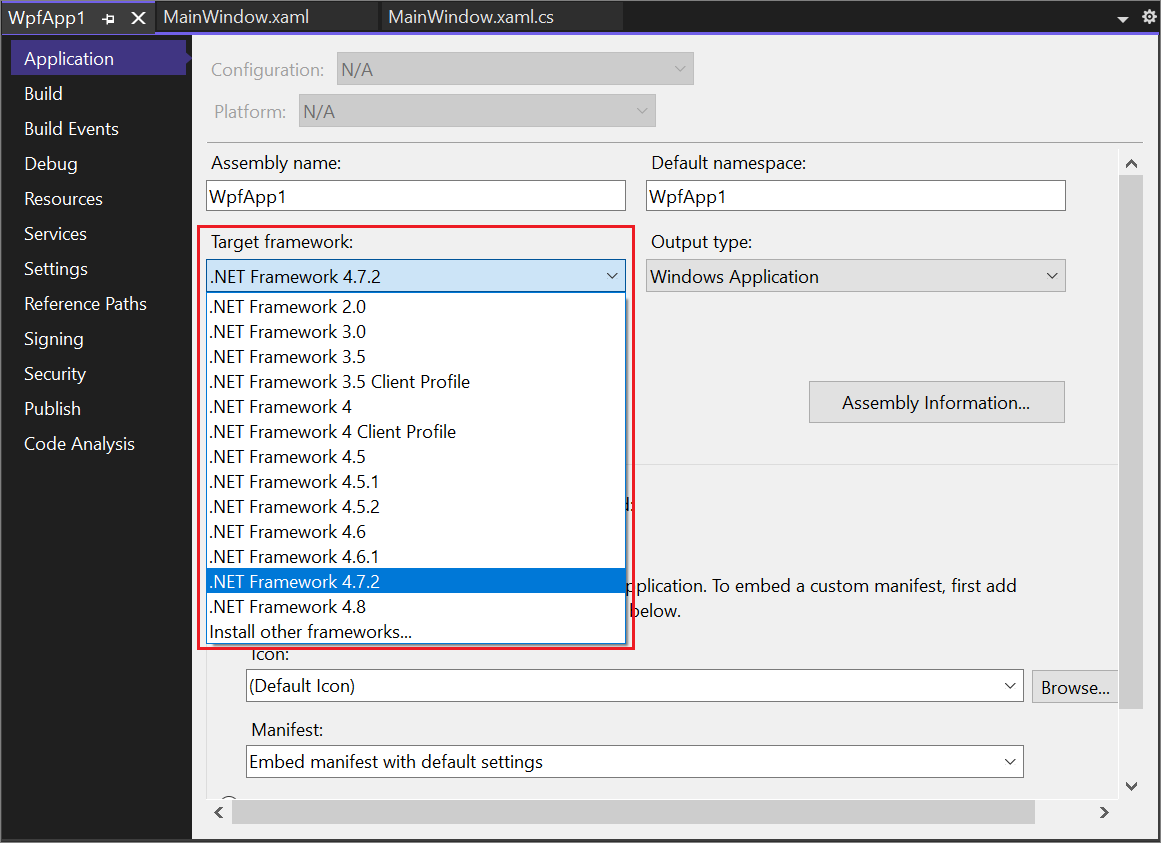 Captura de pantalla del cuadro de diálogo Propiedades del proyecto con las opciones de .NET Framework resaltadas.