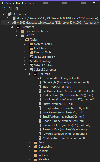 Captura de pantalla que muestra la ventana Explorador de objetos de SQL Server.