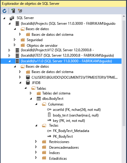 Captura de pantalla que muestra la ventana Explorador de objetos de SQL Server.