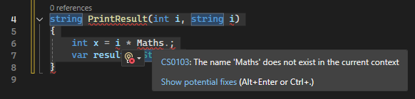 Captura de pantalla que muestra la corrección potencial de la acción rápida y el icono de la bombilla de error en Visual Studio.