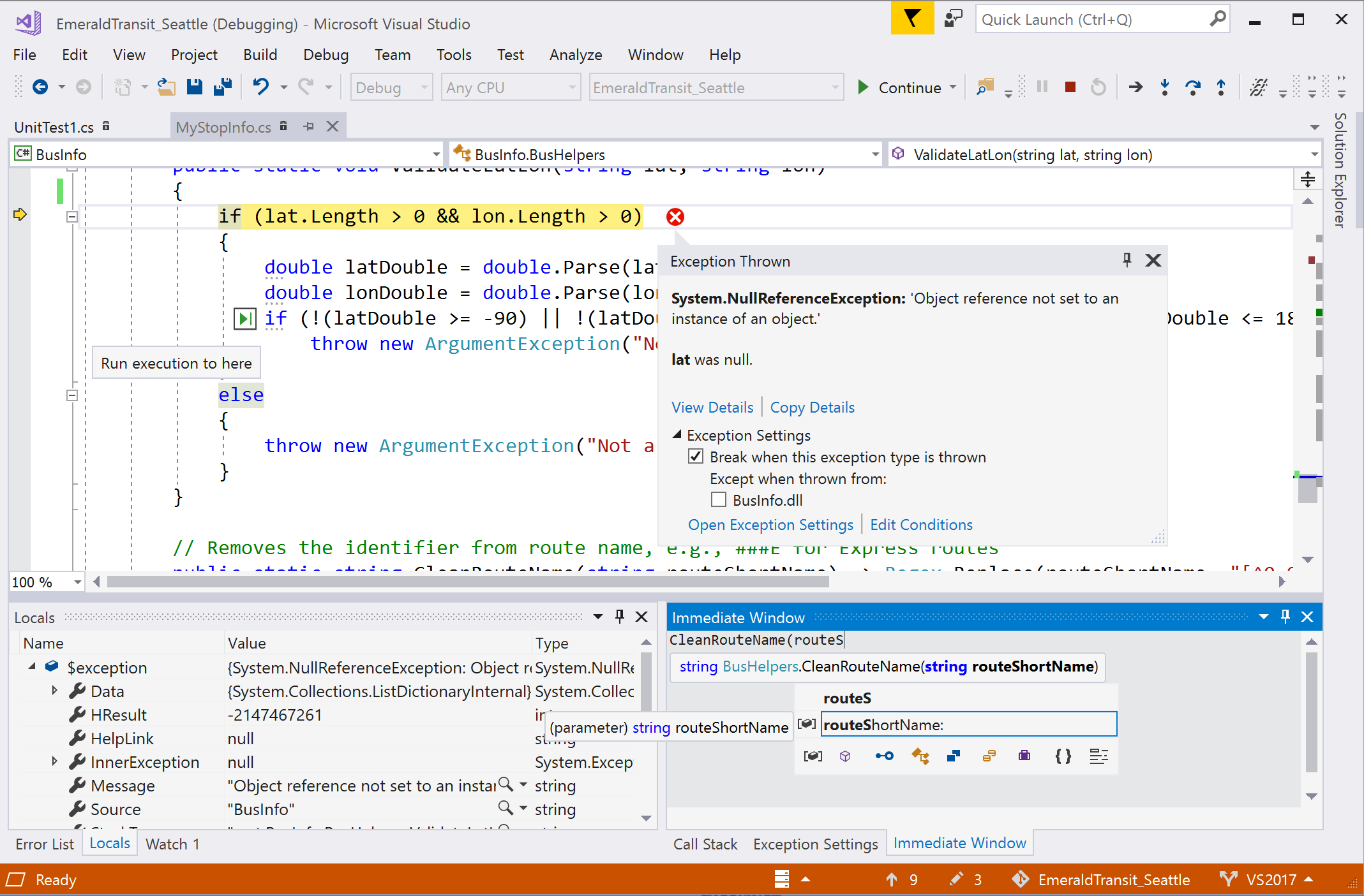 Asistente de excepciones de Visual Studio