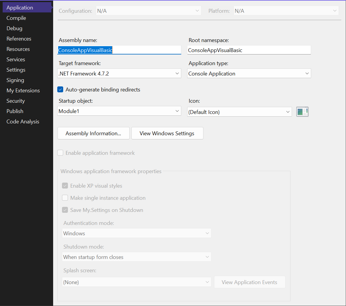 Screenshot of the .NET Project Designer in Visual Studio 2022 with .NET Framework 4.7.2 as the target framework.