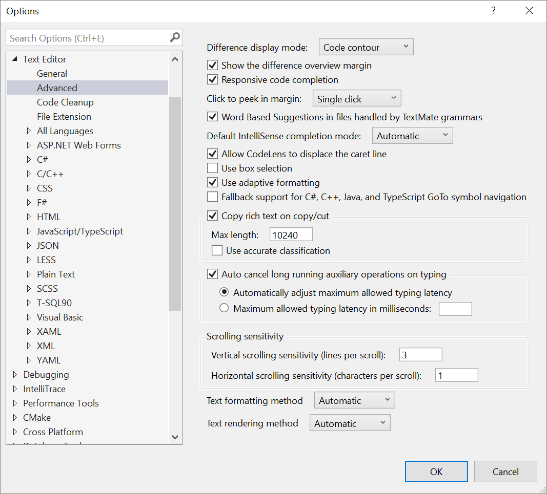 Captura de pantalla de la configuración avanzada para el editor de texto en el cuadro de diálogo Opciones.