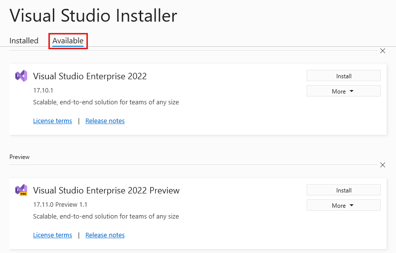 Captura de pantalla en la que se muestra la pestaña Disponible del Instalador de Visual Studio.