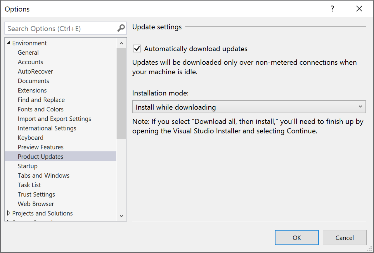 Captura de pantalla que muestra la configuración de actualizaciones en Visual Studio.