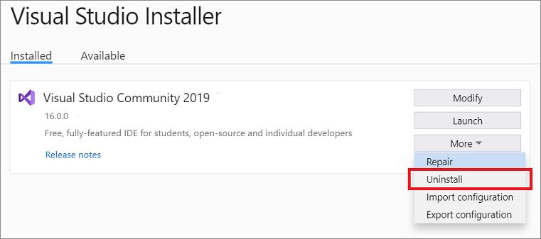 Captura de pantalla que muestra la versión instalada de Visual Studio 2019 con la opción Desinstalar seleccionada en el menú Más.