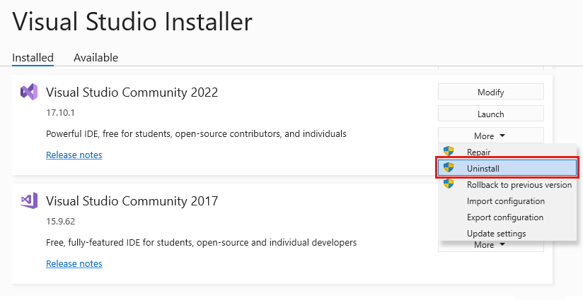 Captura de pantalla que muestra la versión instalada de Visual Studio 2022 con la opción Desinstalar seleccionada en el menú Más.