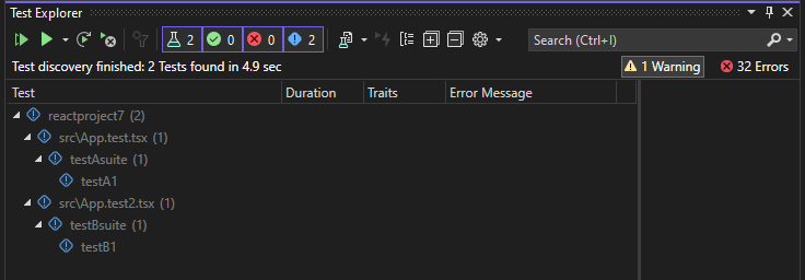 Captura de pantalla de la detección de pruebas en el Explorador de pruebas (ASP.NET Core).