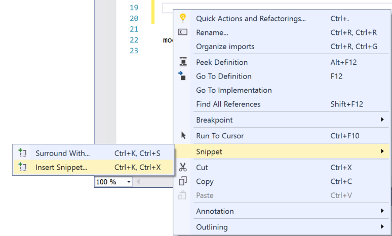 Fragmento de código en Visual Studio