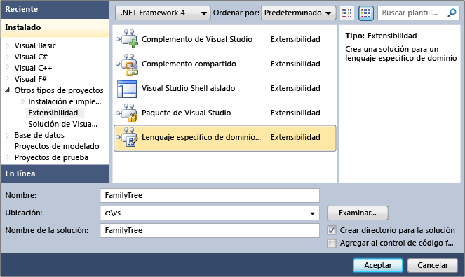 Cuadro de diálogo para crear solución DSL