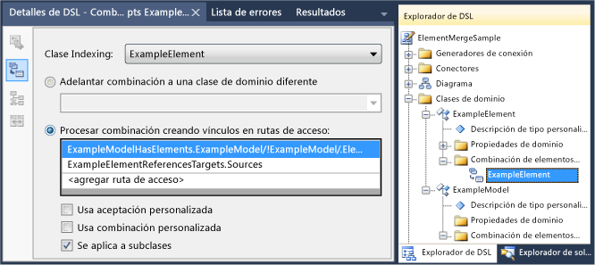 Screenshot of DSL Explorer showing an E M D being added with ExampleElement selected as the Indexing class and the Applies to subclasses option checked.