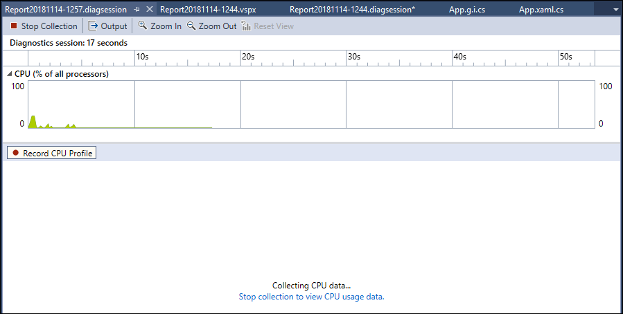 Captura de pantalla que muestra la detención de la recopilación de datos de uso de CPU.