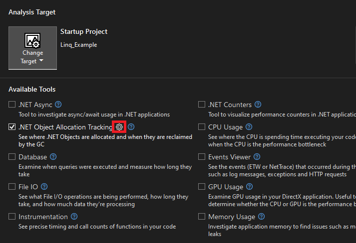 Captura de pantalla de la configuración de la herramienta de asignación de DotNet.