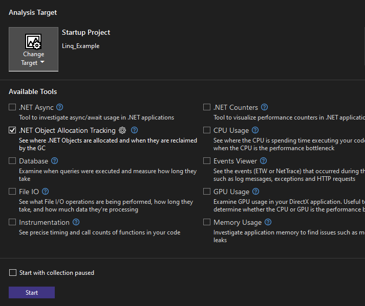 Captura de pantalla de la herramienta Dotnet Object Allocation Tracking seleccionada.