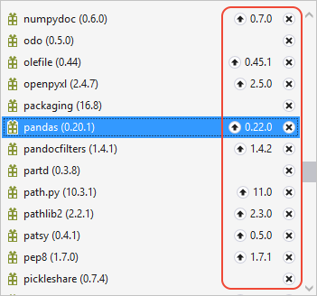 Pestaña de los paquetes de los entornos de Python