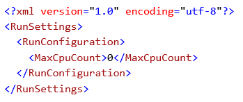 La ejecución de pruebas en paralelo se habilita con la configuración MaxCpuCount en la sección global del archivo .runsettings