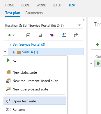 Haga clic con el botón derecho en el conjunto de pruebas y elija Abrir conjunto de pruebas en el menú contextual.