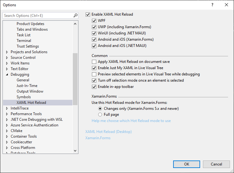 Panel de opciones en Configuración XAML actualizado