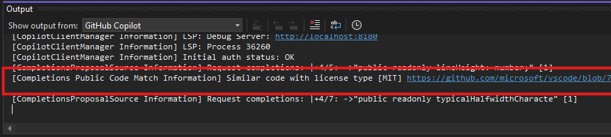 ventana de salida de GitHub Copilot con información de coincidencia de código público