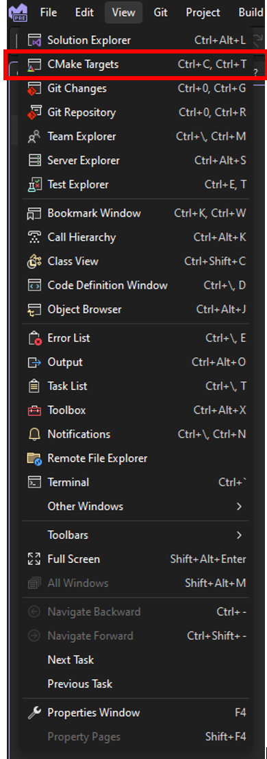 Lista desplegable de vista de destinos de CMake