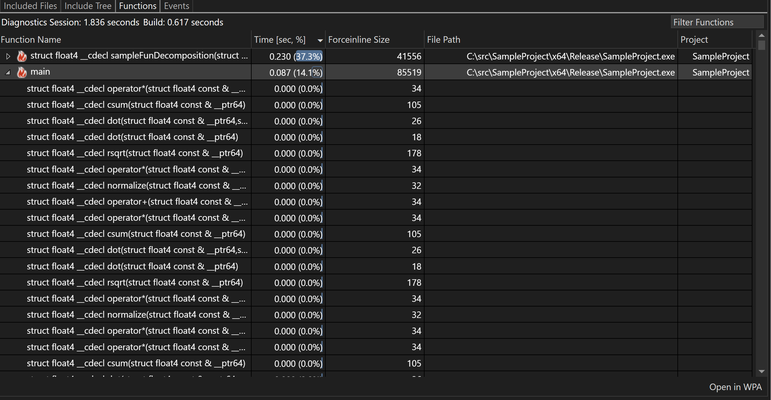 Visualización de funciones de Build Insights