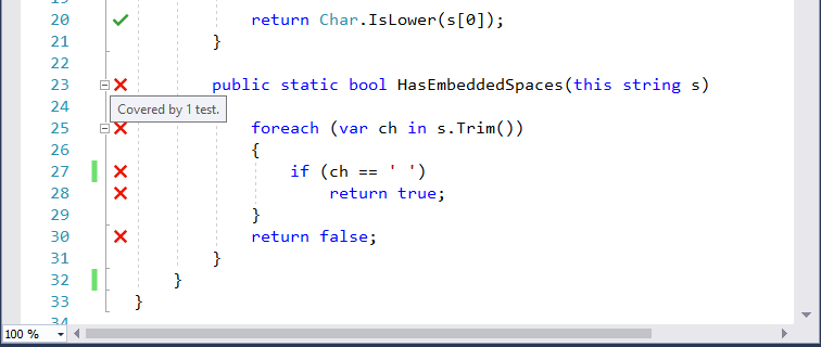 Información de Live Unit Testing sobre una prueba errónea