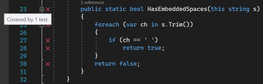 Información de Live Unit Testing sobre una prueba errónea