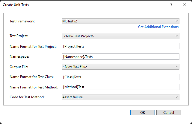 Cuadro de diálogo Crear pruebas unitarias en Visual Studio