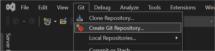 Captura de pantalla de la opción Crear repositorio de Git en el menú Git de Visual Studio.