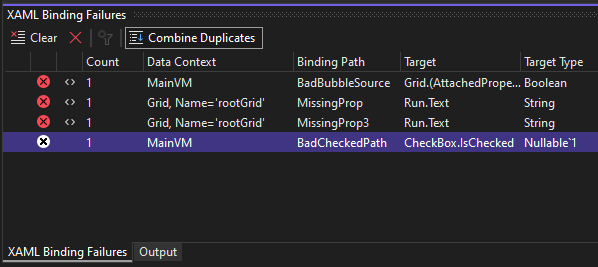 Screenshot showing a XAML binding failure without a source location.