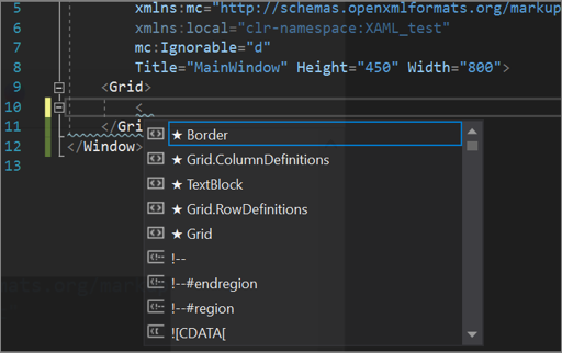 La lista IntelliCode para el editor de texto XAML