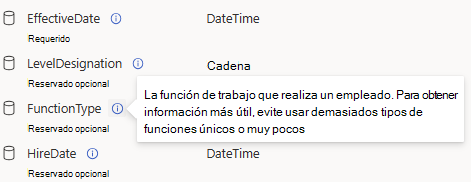 Captura de pantalla que muestra los atributos Viva y una definición de campo.